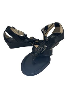 COACH Viktoria Black Leather Open Toe Thong T-Strap Wedge Sandals, Sz 7B